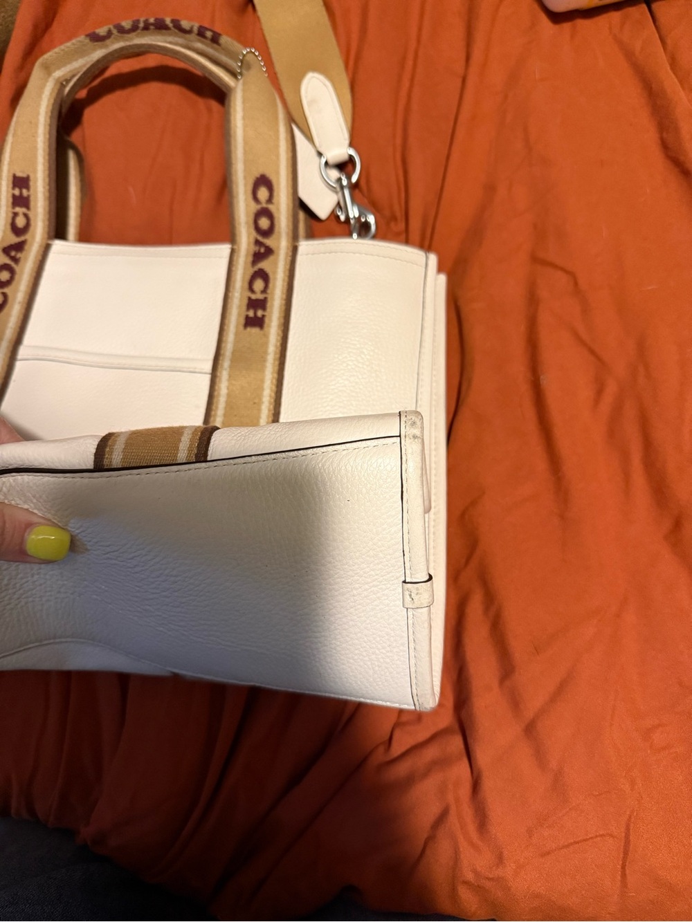 COACH Cream Pebbled Leather Tote with Tan Branded Straps - Picture 2 of 6